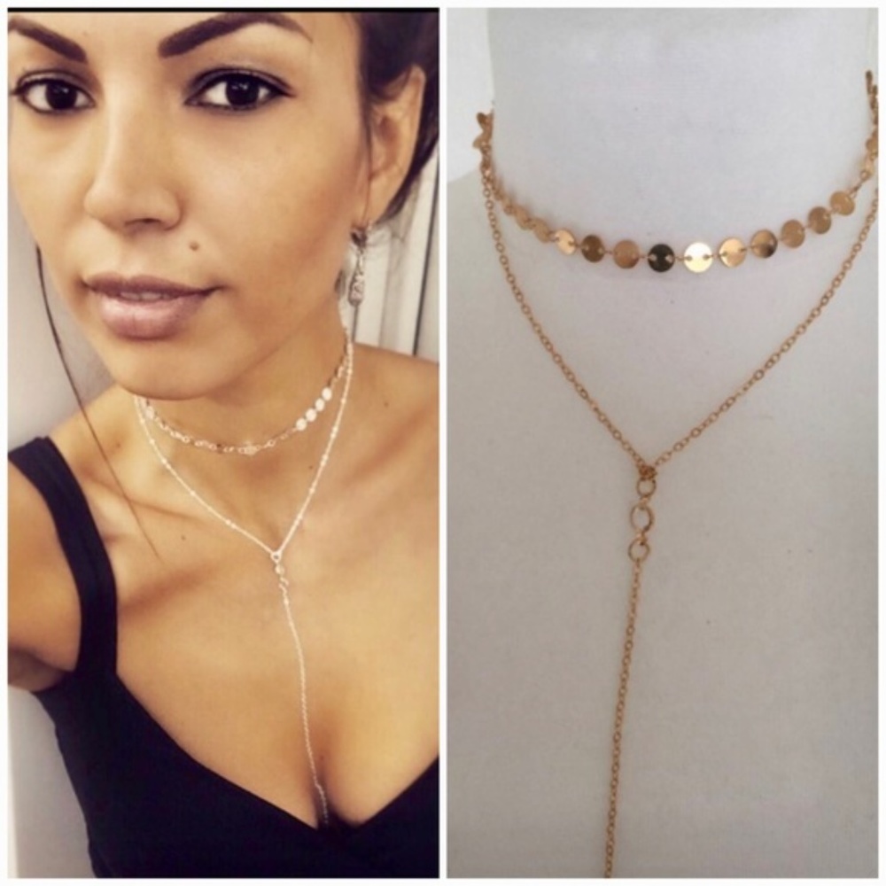 Mini Coins and Crystal 2-Layer Boho Chains Choker - Picture 2 of 8